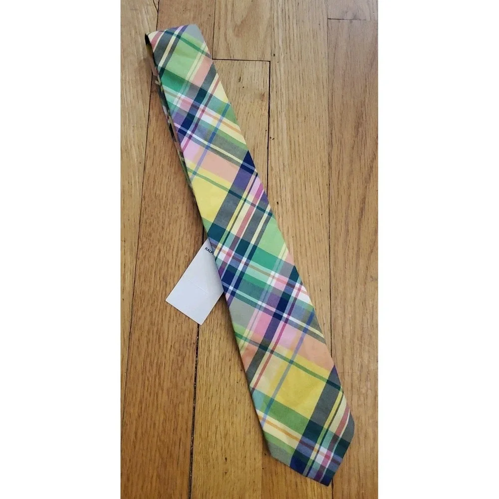 POLO by Ralph Lauren 100% Cotton Neck Tie Yellow & Green Plaid Flannel NEW